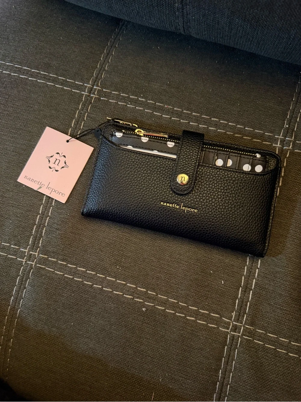 Nanette Lepore Black Pebbled Leather Zip & Snap Wristlet Wallet